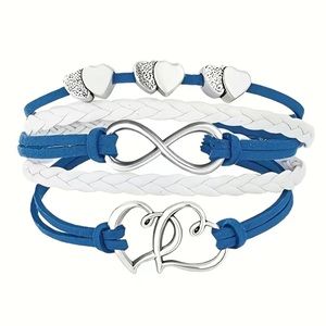 Blue & White Leather Multi Layer Double Heart Infinity Bracelet